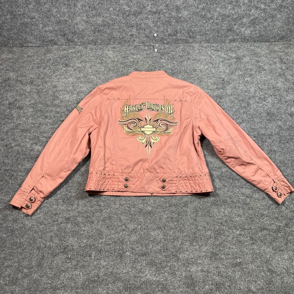 Harley Davidson Pink Cotton Studded Embroidered Moto Jacket Petite Large L